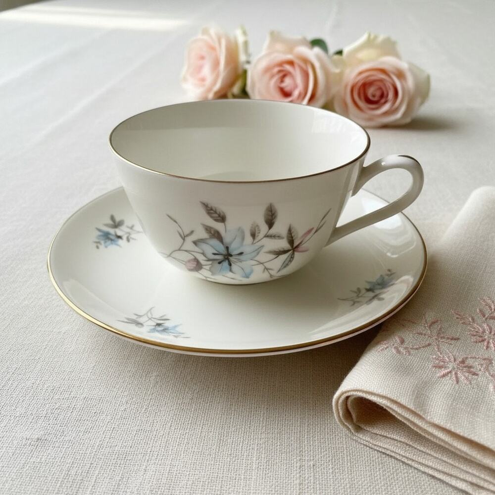Vintage Royal Karlsbad Fantasy Teacup Saucer Czechoslovakia-Floral-Platinum-Blue
